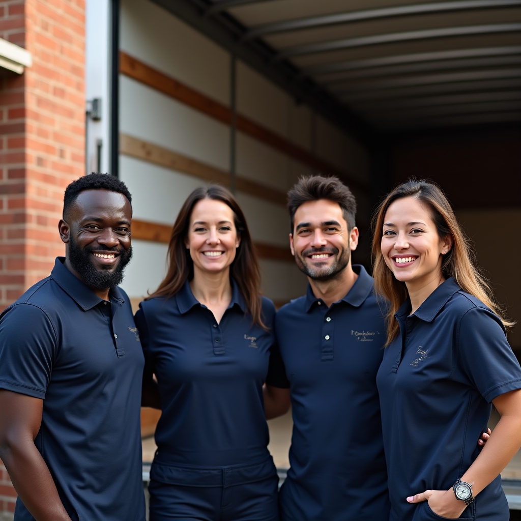 Moving company crew members standing together beside a loaded truck