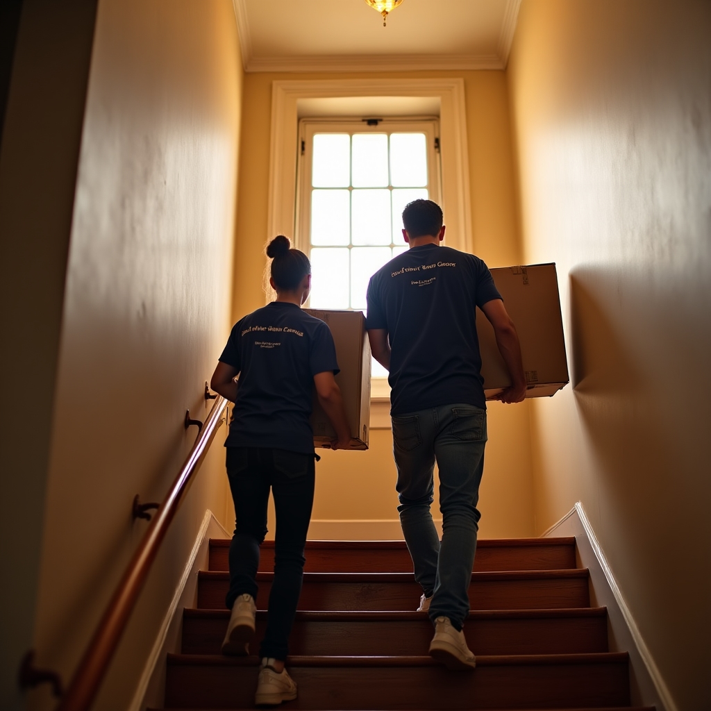Two moving crew members carrying labeled boxes down a staircase