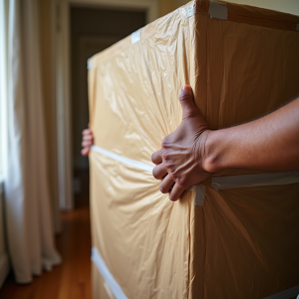 Furniture wrapped in protective moving blankets and secured with tape