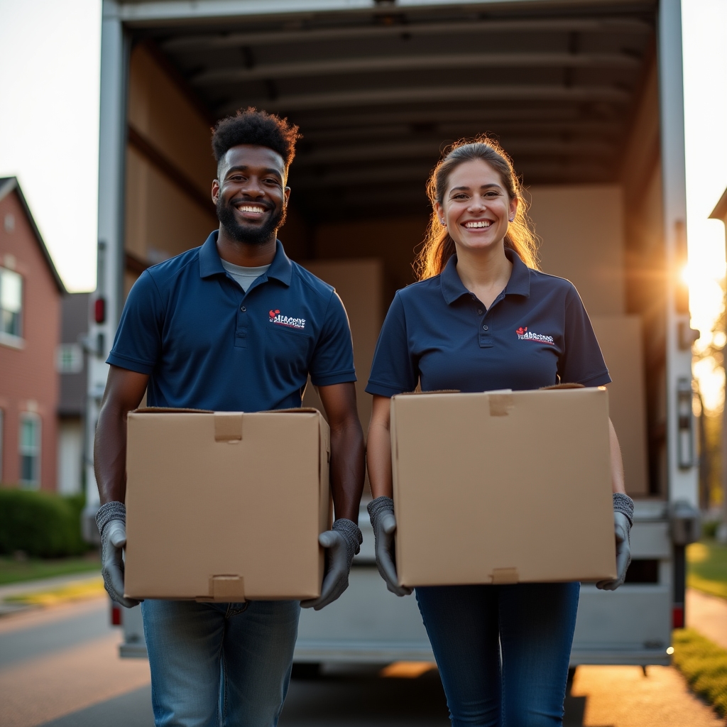 Moving crew carefully loading labeled boxes into an organized moving truck