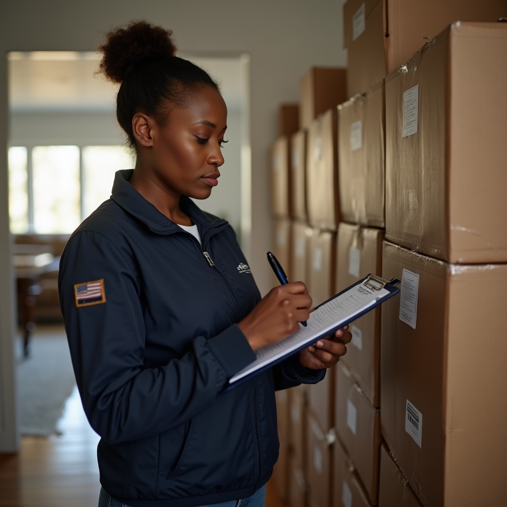 Crew member reviewing an inventory checklist on a clipboard beside packed boxes