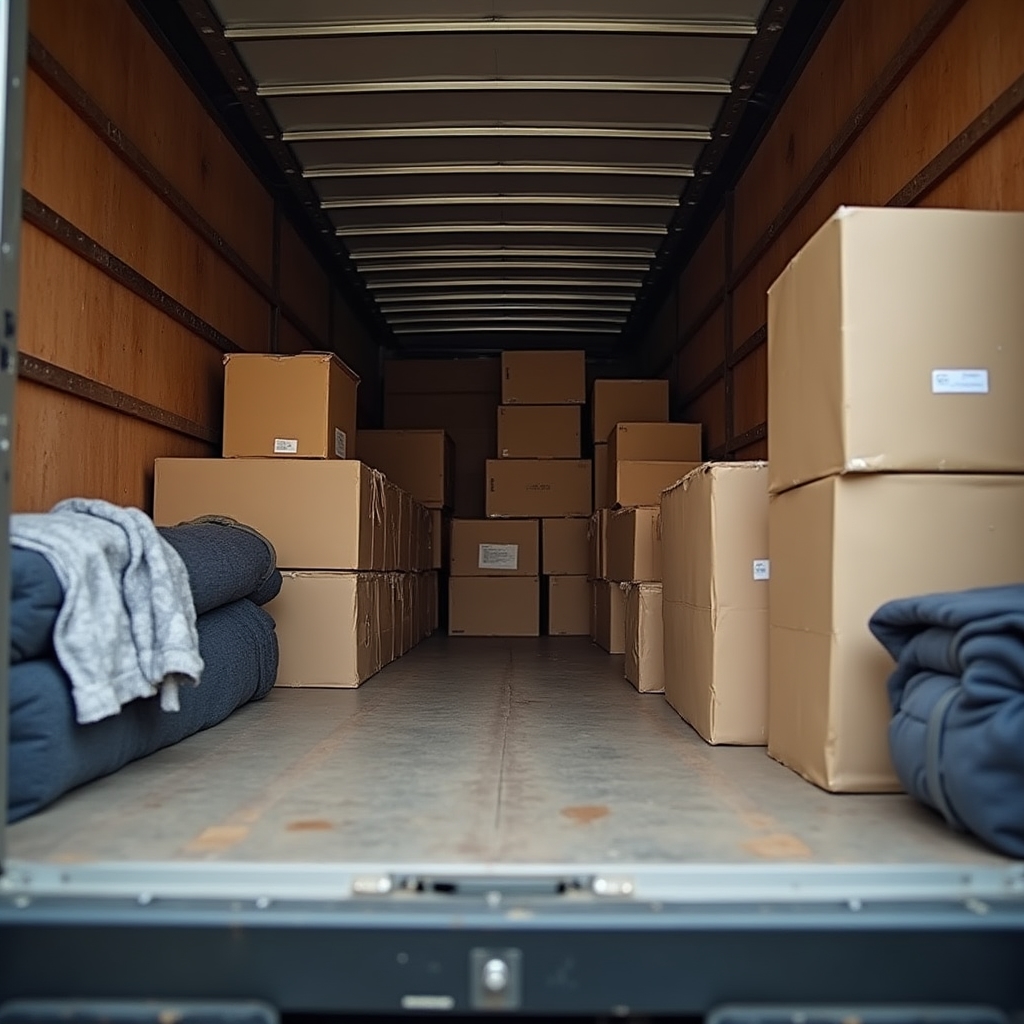 Interior of a moving truck with boxes and furniture arranged in an organized layout