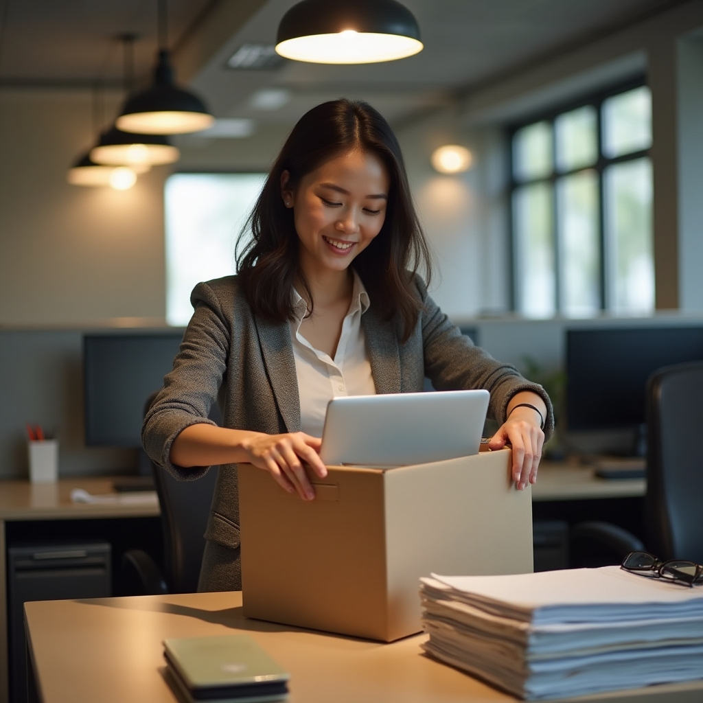 Small office desk with files and equipment being packed for a business relocation
