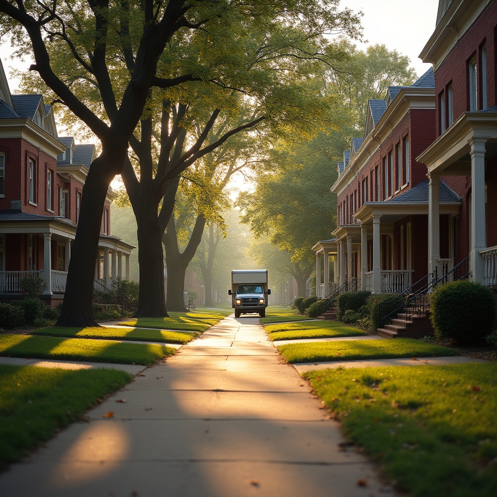 Residential street in St. Louis with brick homes and tree-lined sidewalks